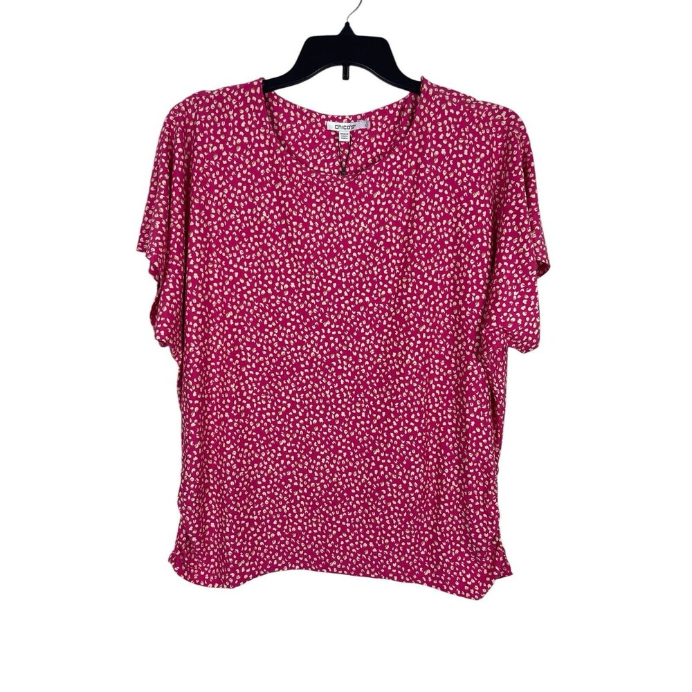 Chico’s Touch of Cool Pink Leopard Print Top XL Short Sleeve Stretch Comfy NWT